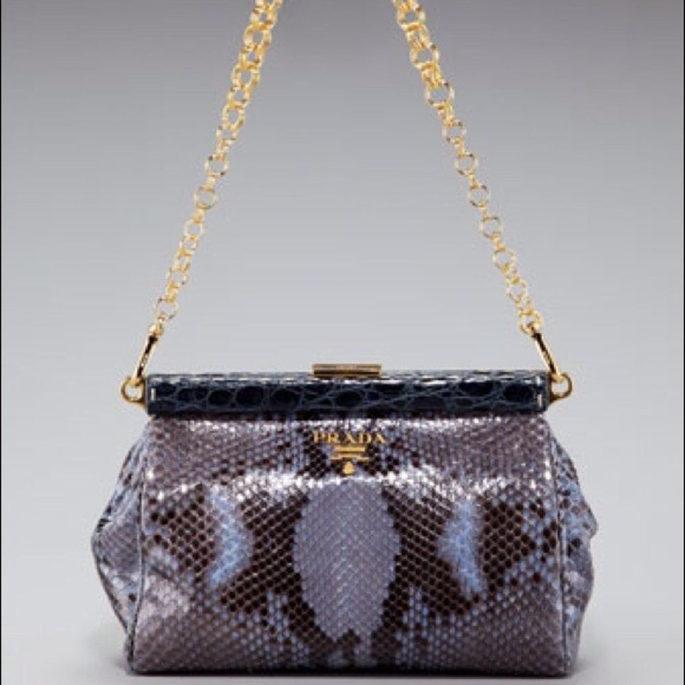 Prada Python Frame-Chain Shoulder Blue Gold Bag - Picture 2 of 4
